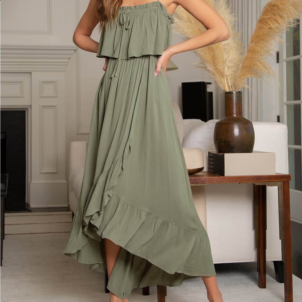 Olive Green Ruffled Midi Dress